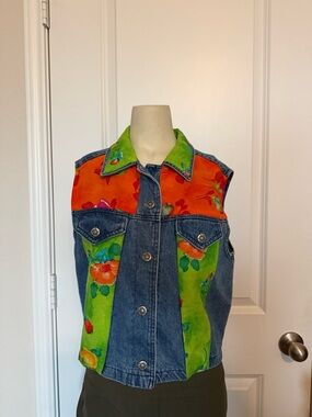 Peaces Vintage 100% Cotton Orange & Green Floral Print Panel Denim Vest